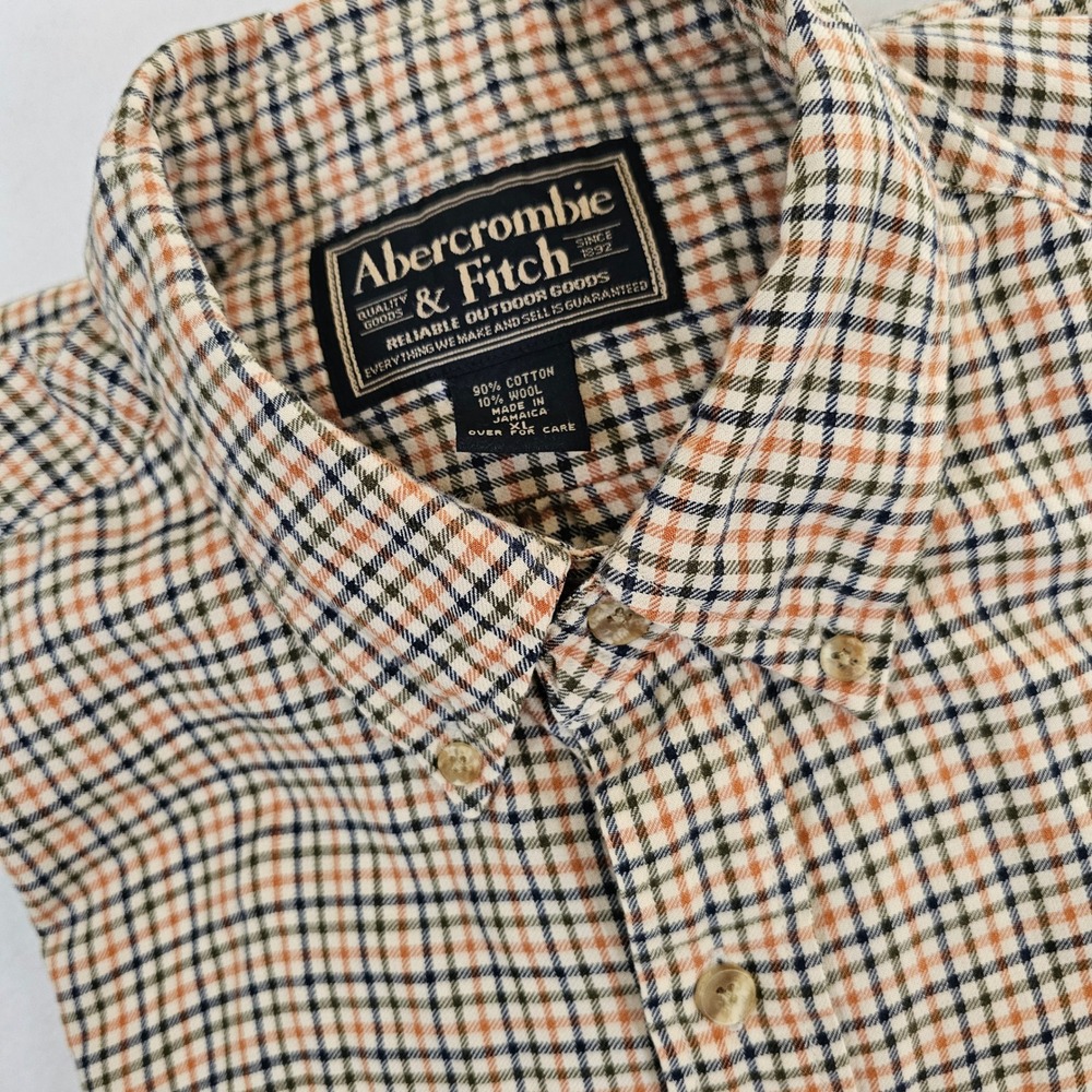 Abercrombie & Fitch Mens XL Plaid Shirt Cotton Wool Blend‎ Orange Green